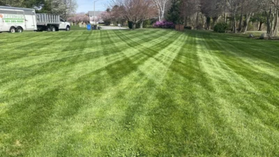 Residential lawn with clean diagonal mowing stripes and a Lawnscapes work truck parked along the street