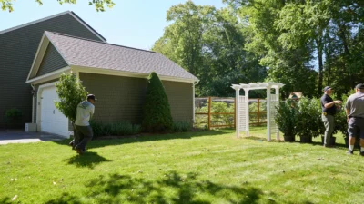 Three Lawnscapes crew members installing balled trees on a sunny residential property, with a gray shingled garage, manicured lawn, white pergola, and wooden fence in the background.