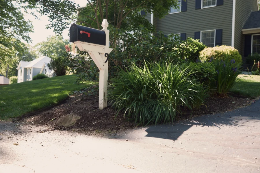 A black mailbox on a white post surrounded by a freshly mulched garden bed with ornamental grasses and shrubs, in front of a well-landscaped suburban home.