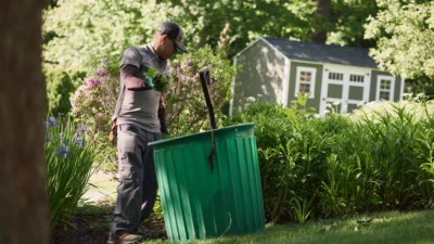 A Lawnscapes crew member in a gray uniform and cap trimming flowering shrubs into a green waste bin in a well-maintained garden bed, with a storage shed and lush greenery in the background.