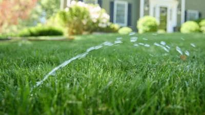 Ground-level view of a sprinkler watering a lush green lawn in front of a suburban home with manicured shrubs and landscaped garden beds.