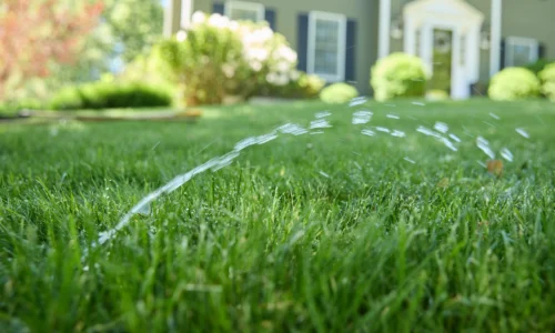 Ground-level view of a sprinkler watering a lush green lawn in front of a suburban home with manicured shrubs and landscaped garden beds.