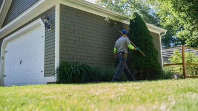 A Lawnscapes crew member carrying a shovel past a tall evergreen shrub alongside a gray shingled garage with a manicured foundation planting bed.